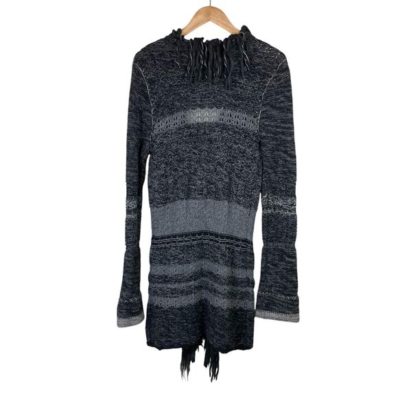 Free People Black & Gray Fringe Knit Wool Blend Open Long Cardigan Coatigan - Picture 10 of 12